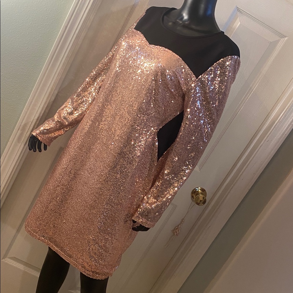 New York & Company Sequin Long Sleeve Dress - Pink and Black - Picture 4 of 12